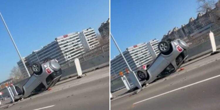 Teška nezgoda na Mostu na Adi: Automobil se prevrnuo, povređene osobe prevezene u bolnicu